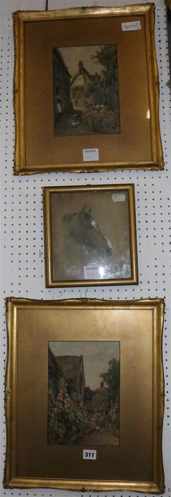 Pair of watercolours J W Milliken & sketch of a horse